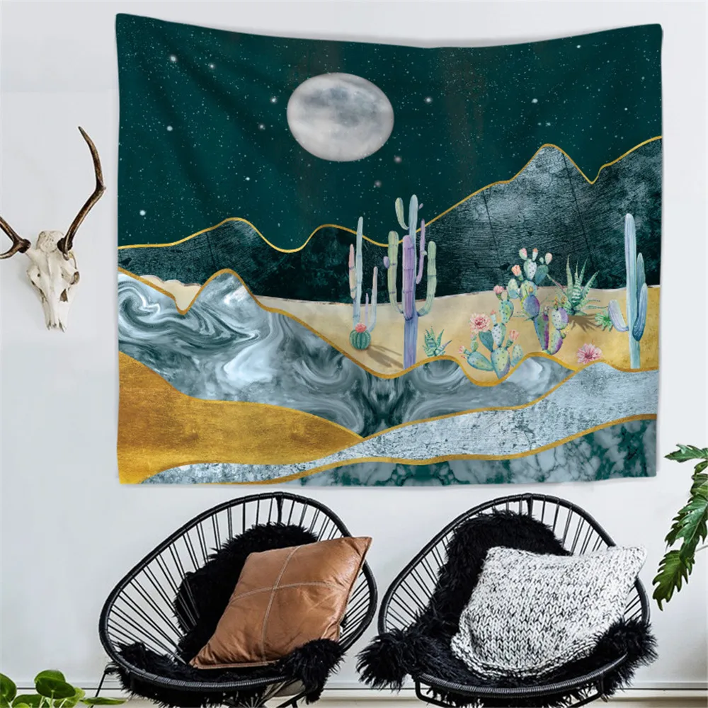 С принтом Mountain кактус Moon настенный гобелен Art психоделический пейзаж Boho декор стен ткань гобелены ковер бросок пляжные