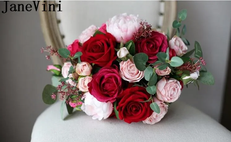Свадебный букет невесты JaneVini Винтажная брошь красный розовый бордовый пион