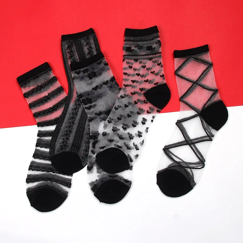 5pairs 5 пар в партии, прозрачные носки, женские летние Необычные кружевные носки, шелковое платье, одежда Harajuku, веселые забавные носки, сетчатые прозрачные носки - Цвет: 5pairs