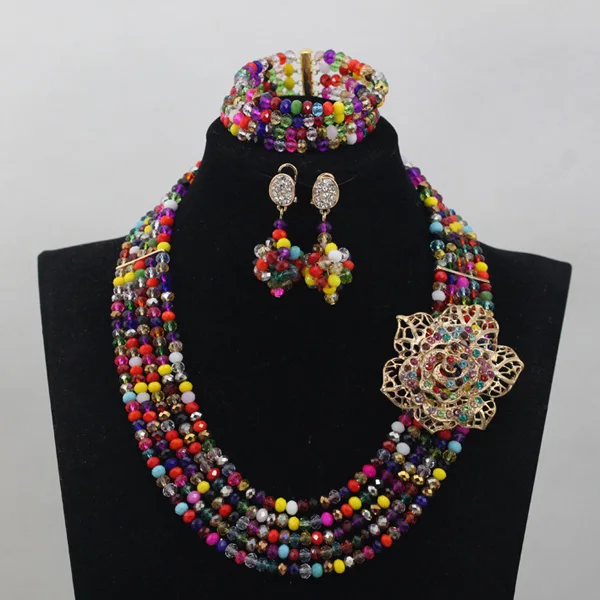 Комплект из колье и серёг с кристаллами 5 рядов|necklace set|beaded jewelry setbridal necklace set |