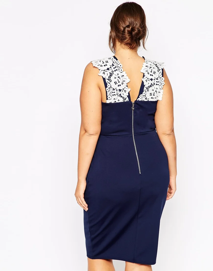Fashion design plus size pencil dress sexy deep v-neck dresses navy blue midi with white lace female fashion 039