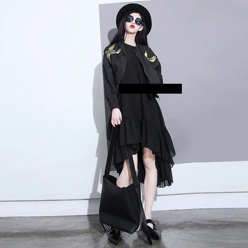 Женское шифоновое платье с оборками черное свободное плиссированное большого