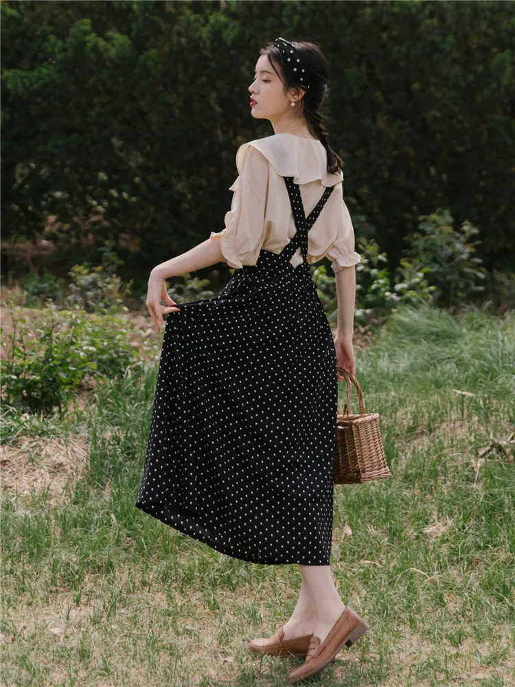 Женский комплект из 2 предметов юбка и подтяжки в горошек с воротником форме