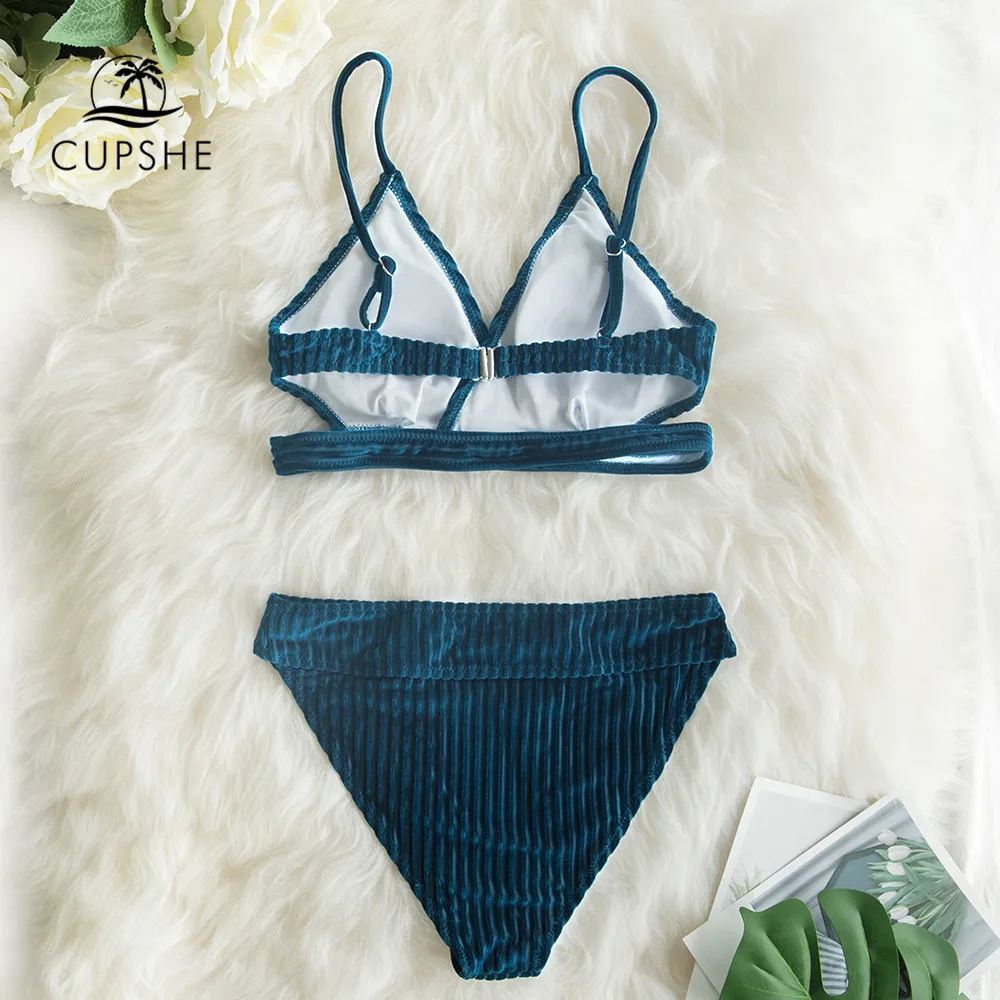 CUPSHE темно синий полосатый выгоревший бархат пикантный комплект бикини купальник