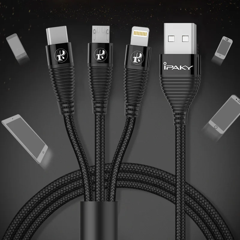 IPAKY 3 в 1 USB кабель 3A для Мобильный телефон Micro Type C зарядный iPhone XR XS Max X Huawei шнур