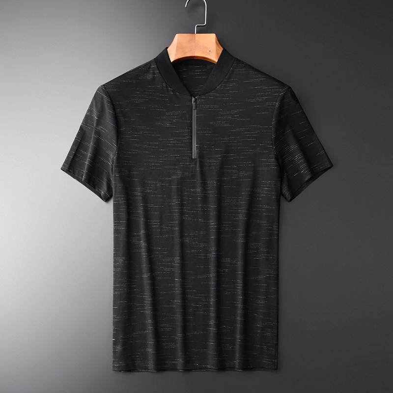 

Minglu Yarn Dyed Summer Fashion Zipper Placket Men's T-shirts Comfortable Ventilate Short Sleeve Men's T-shirts Plus Size 4XL