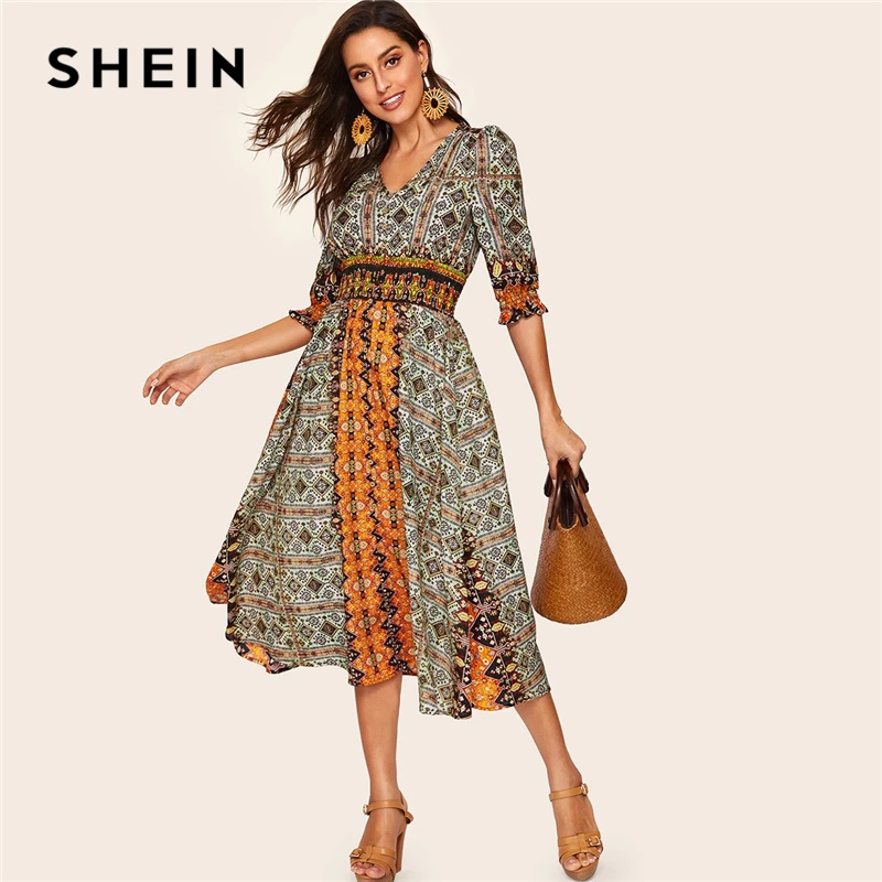 SHEIN Платье С Оборками И Этническим Принтом, Разноцветное Нарядное Макси Платье С Средним Рукавом