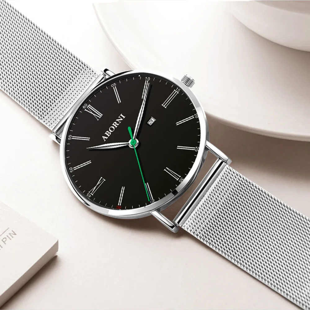 ABORNI брендовые Роскошные мужские часы ультратонкие стальные кварцевые