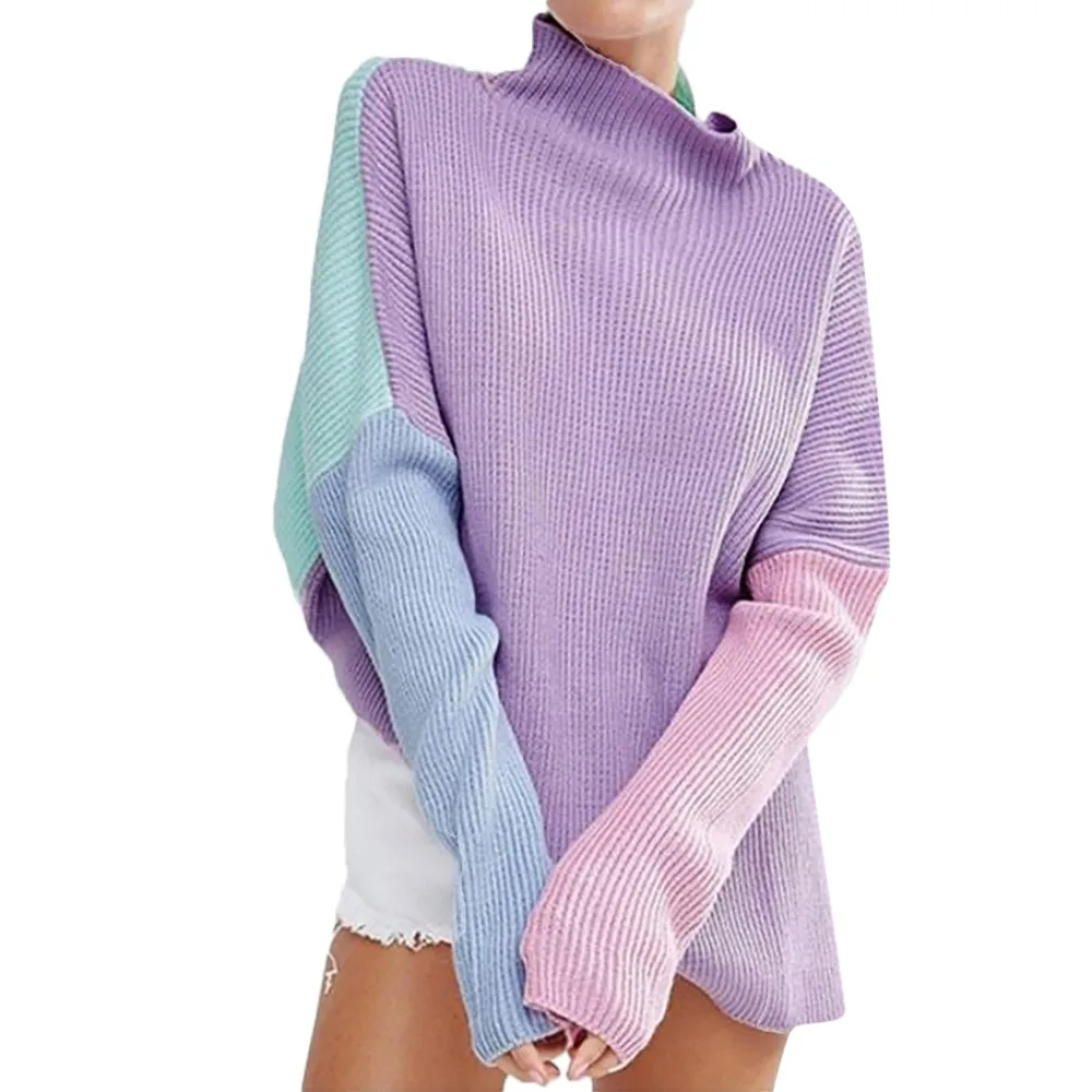Multicolor Женская зимняя мода, длинный рукав, вязанные Лоскутные Топы, свободный свитер, блузка, свитер для женщин, roupas feminina - Цвет: Multicolor