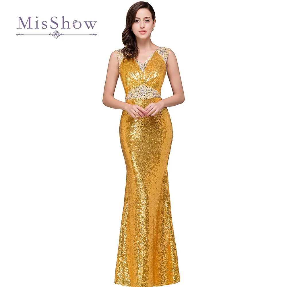 Потрясающие золотые блестки вечерние платья 2017 из бисера Длинные Русалка Пром Robe