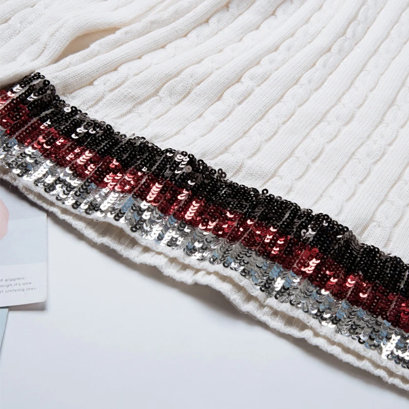 2019 Winter Runway White Knitted Sweaters and Pullovers Women Striped Sequin Sweet Female Ladies korean Jumper Tops Clothing | Женская