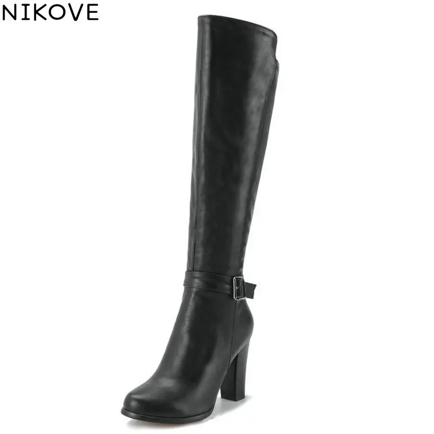 

NIKOVE 2019 Women Winter Boots Shoes Zip Knee High Boots PU Buckle Square High Heels Round Toe Autumn Shoes Woman Size 34-43