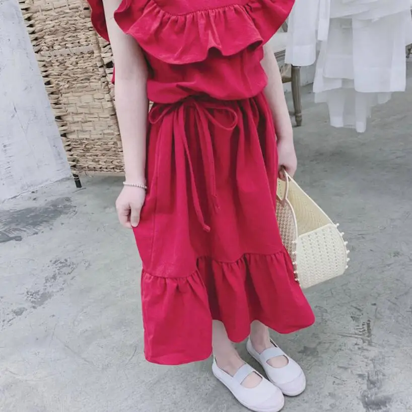 Однотонное красное платье с оборками для девочек летнее маленьких Vestidos детская