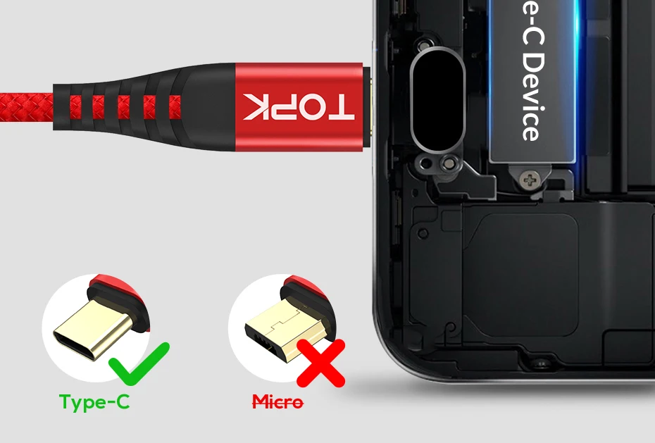 TOPK AN42 2 м 3 м usb type C кабель для мобильного телефона USB C кабель 3 А Быстрая зарядка 3,0 Быстрая зарядка USB-C кабель type C