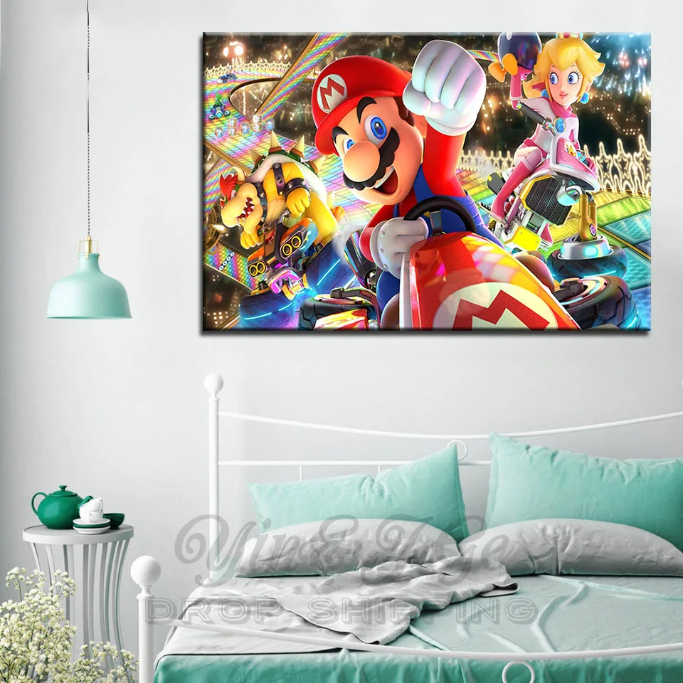 Картины на холсте домашний Декор Гостиная 1 шт. Mario Kart игра Картина модульная настенная живопись мультфильм персонажи Плакат рамка