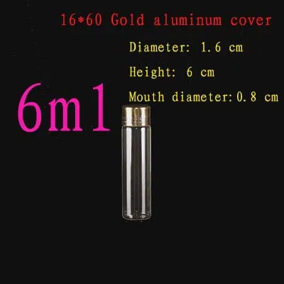 Capacity 6ml (16*60*8mm) 150pcs/lot Golden aluminum cap glass bottle packaging sample vials, empty 6ML glass bottle,