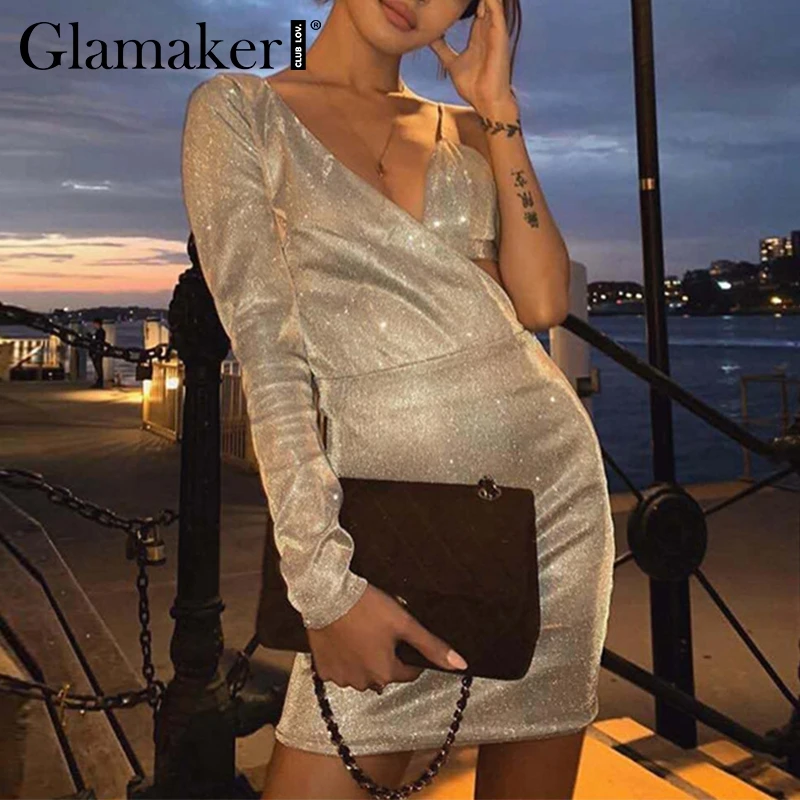 Женское платье с люрексом Glamaker облегающее на одно плечо треугольным вырезом