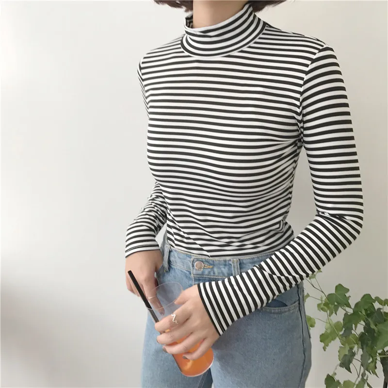 Korean Style Long Sleeve T Shirts 2018 Women New Hot Sale Student T-shirt Womens Fashion Harajuku Striped Female Slim Femme Lady | Женская