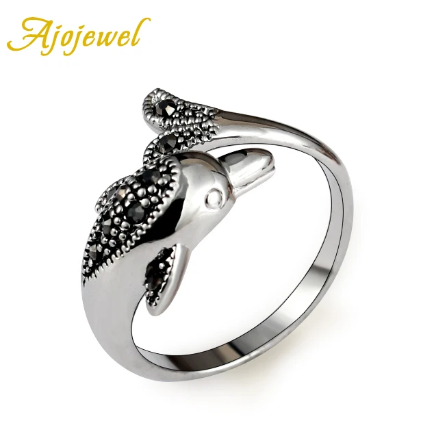 Женское и мужское кольцо в виде дельфина с черными стразами|ring animal|ring jewelrydolphin rings