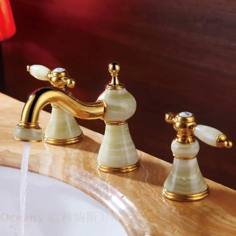 

Authentic European classical gold-plated marble double the three-hole faucet can be rotated a full copper antique natural jade