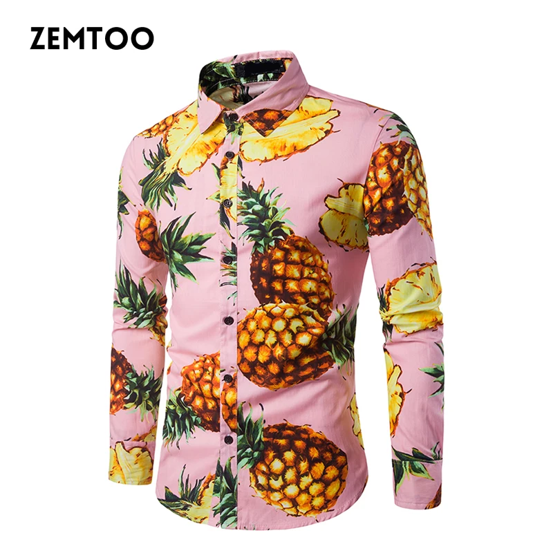Zemtoo гавайская рубашка Для мужчин с длинным рукавом Ананас Футболка принтом Chemise