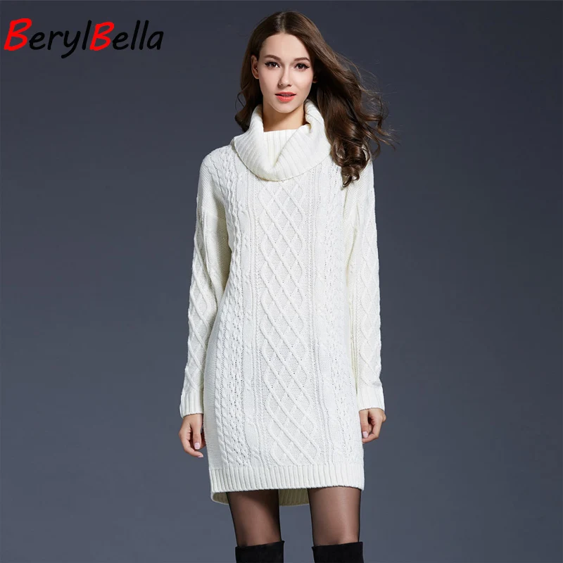 BerylBella, женские свитера, пуловеры, водолазка, длинный рукав, свитер, платье, зима, вязанный женский белый теплый свитер, одежда