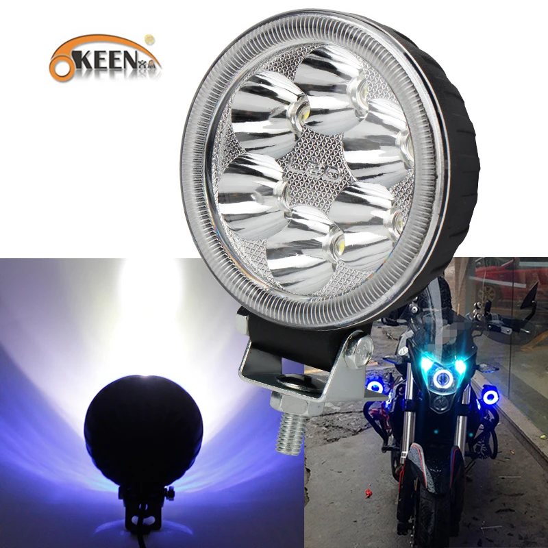 

OKEEN Super Bright 6 Led 18W Angel Eyes Working Light Motorcycle Headlight 12V 6000K White Blue Spot Driving Lamp For Auto Moto