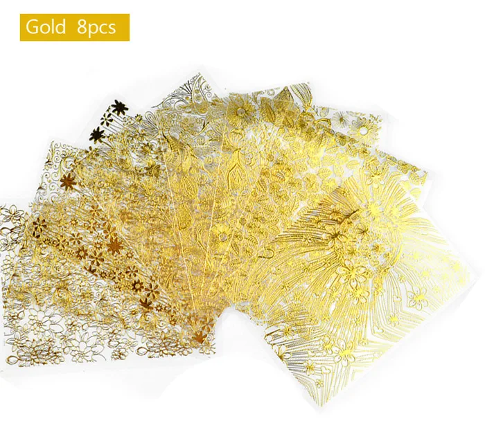 Gold 8 шт./компл. тиснением металлические наклейки для ногтей Цветущий цветок цвета: золотистый, серебристый 3d DIY Клей Советы наклейки для дизайна ногтей аксессуары - Цвет: Gold