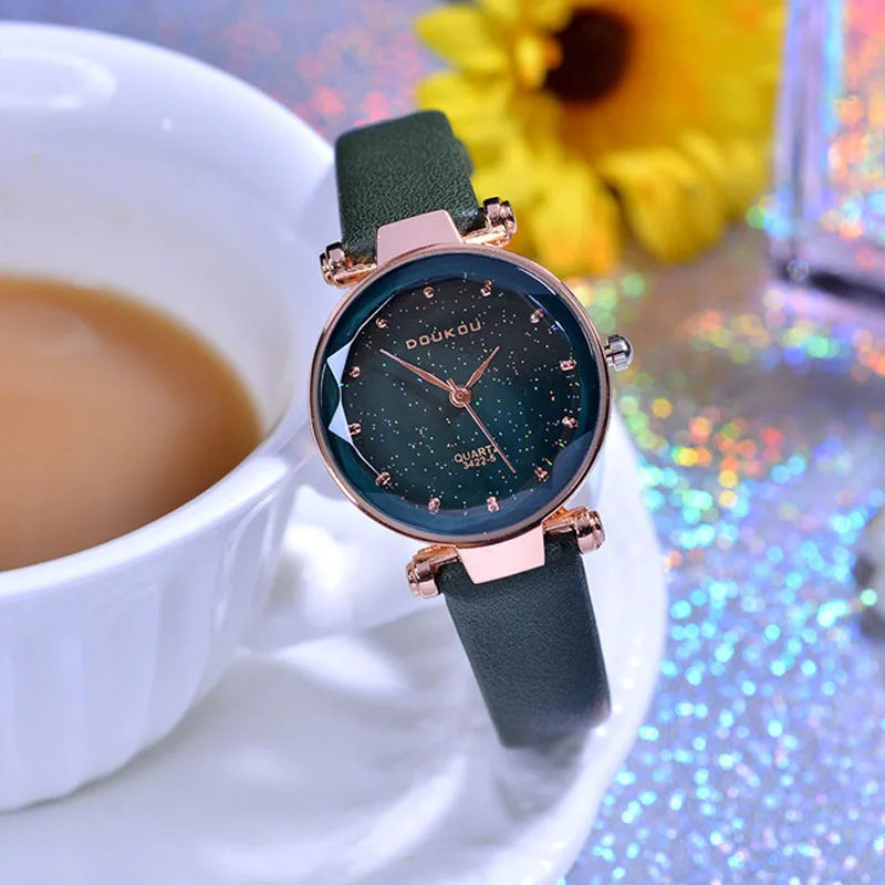 Женские наручные часы DOUKOU черные кожаные со звездами с индийскими попами