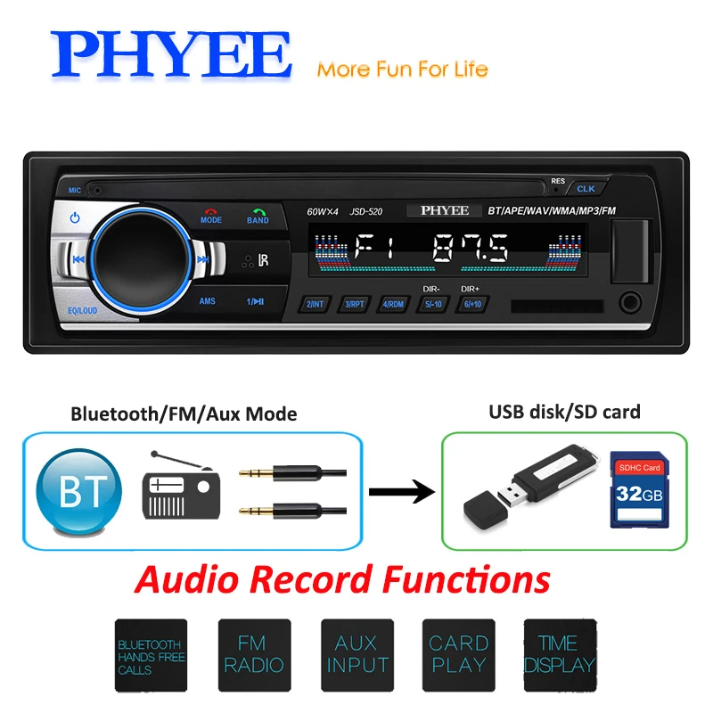 PHYEE Автомагнитола 1 Din Bluetooth Авто Стерео MP3 плеер аудио запись USB SD Aux 12 в ISO разъем в тире головное устройство JSD-520