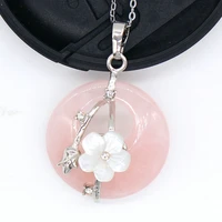 trendy beads popular silver plated round hollow natural rose pink quartz with flower pendant link chain necklace