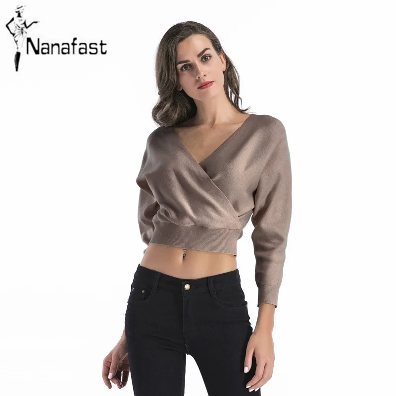 Batwing Sleeve Sexy Deep V-neck Sweater Knitted Pullovers for Women 2018 Spring Short Design Fashion Ladies Crop Tops | Женская одежда