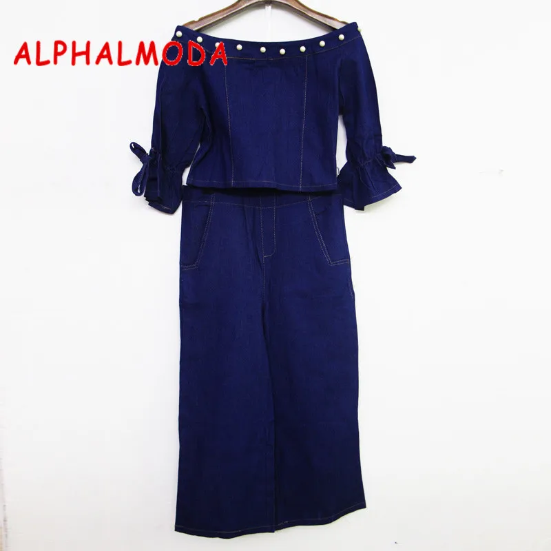 Женский джинсовый комплект ALPHALMODA с бисером блузка + широкие штаны до середины