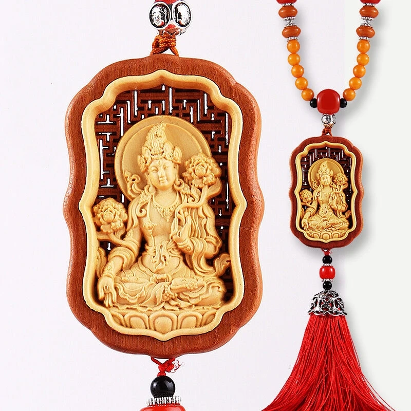 Полые cut мозаика дерево резьба темно синий тара Гуань Инь Скульптура подвеской