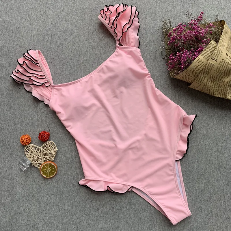 

New Sexy Scoop Neck One Piece Bathing Suit High Cut Swimsuit Women Bikinis Ruffle Shoulder Push Up Swimwear Swimming Beach Wear