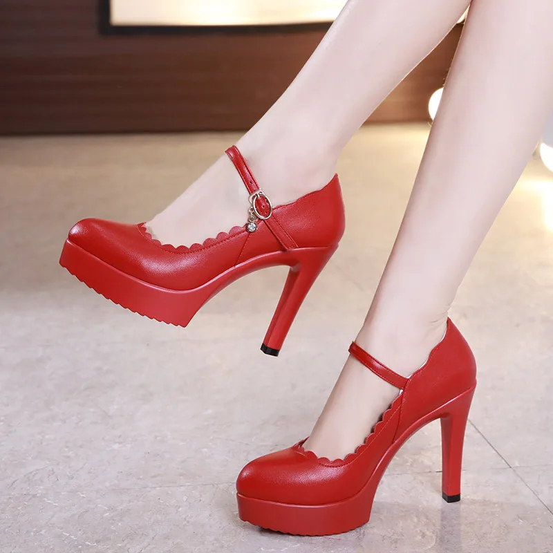 red 11cm heels Большие размеры 32-43; туфли-лодочки на платформе и среднем квадратном каблуке; женская обувь; сезон весна; коллекция года; неглубокие свадебные туфли; элегантная женская офисная обувь - Цвет: red 11cm heels