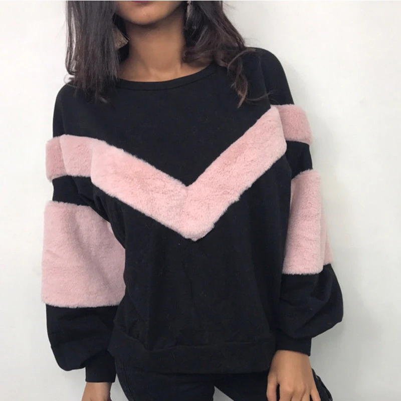 

NEW Warm Women Plush Sweatshirt Stitching Long Sleeve Patchwork Pullover Tops Sweatshirt Jumper