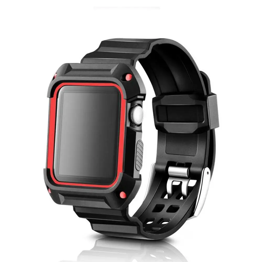 red Хохлатая спортивный ремешок для Apple Watch 3 42 мм/38 мм для iwatch 3/2/1 запястье браслет резиновый ремешок для часов с защитный чехол - Цвет ремешка: red