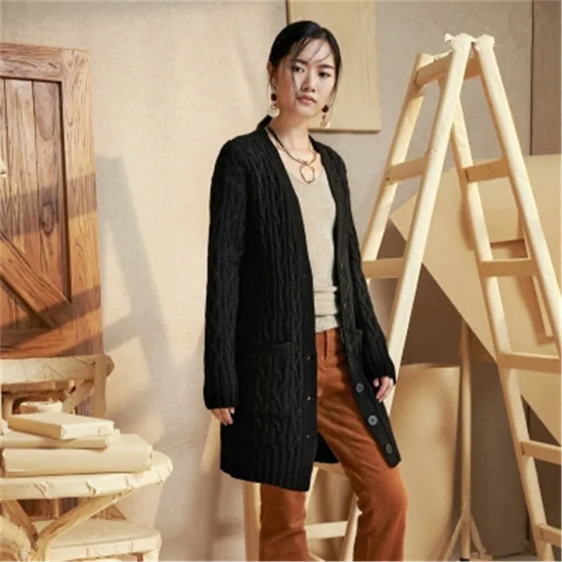 100%hand made pure wool Vneck knit women loose H-straight long cardigan sweater one&ampover size |