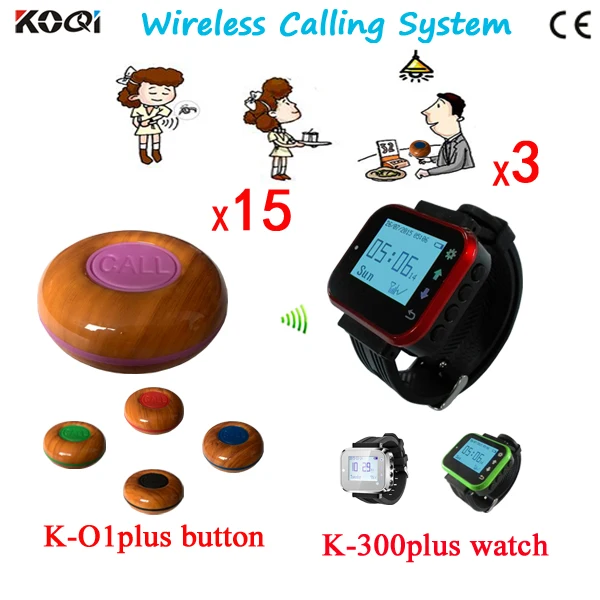 Wireless Service Calling System Sound Promont 3pcs Restaurant Calling Waiter Watch Service Paging System+15pcs Transmitter