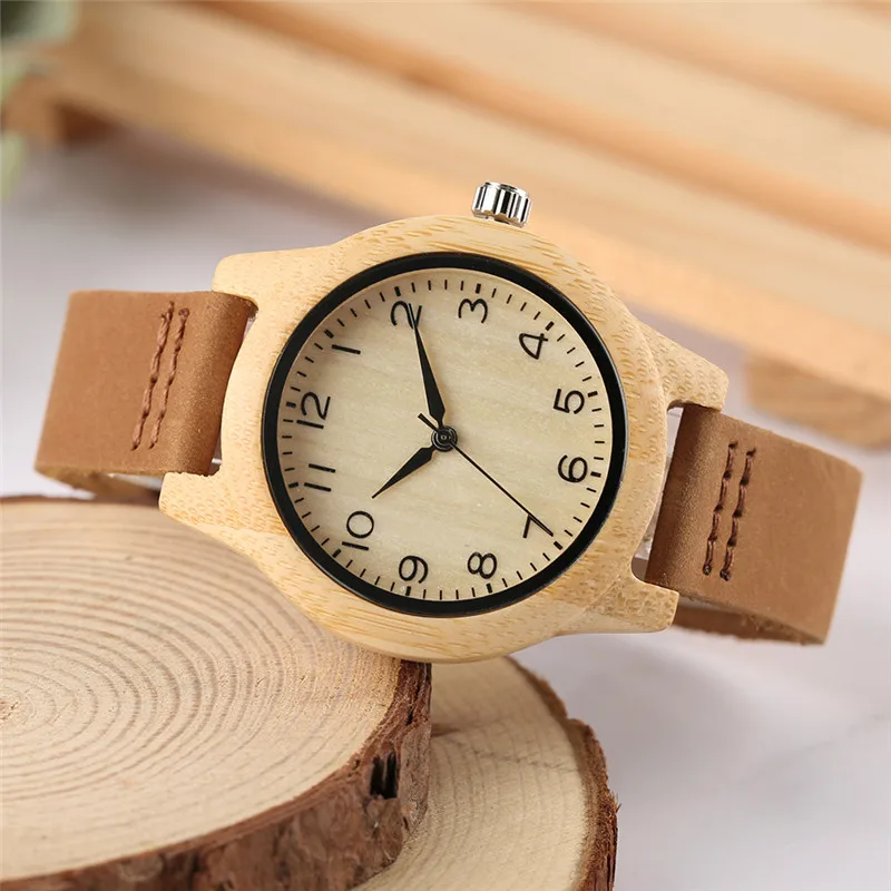 Женские часы из натурального бамбука креативный циферблат с арабскими цифрами