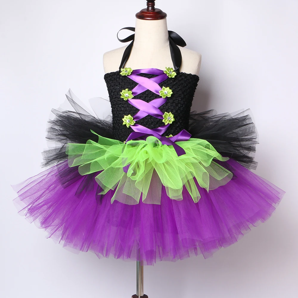 Платье-пачка для девочки с ведьмой и шляпой черное фиолетовое зеленое детское
