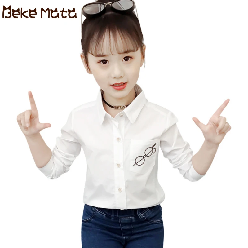 Белая блузка для девочек осень 2019 детские топы с длинным рукавом и отложным