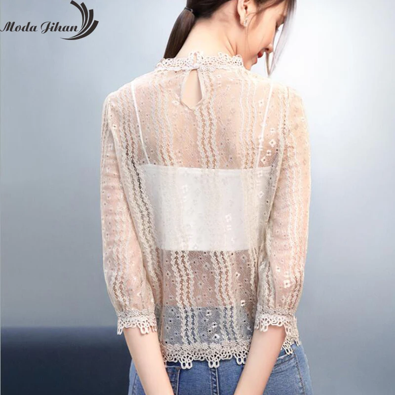 Moda Jihan женские пуловеры топы сексуальные прозрачные кружевные рубашки черные 3/4 с