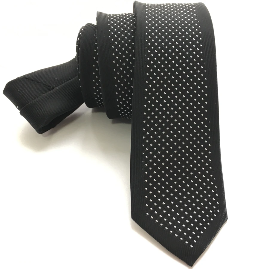 

Designer's Slim Tie Unique Panel Necktie Black Bordered with White Spots Dots Gravata Free Shipping