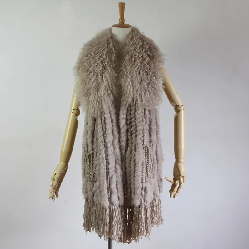 Женский трикотажный жилет зимний из натурального меха монгольского кролика с