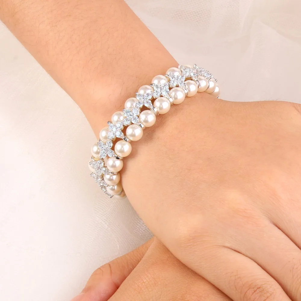 Tuliper Elegant Clover Flower Bridal Necklace Earrings Bracelet Set Cubic Zircon Pearl Jewelry Wedding Party | Украшения и