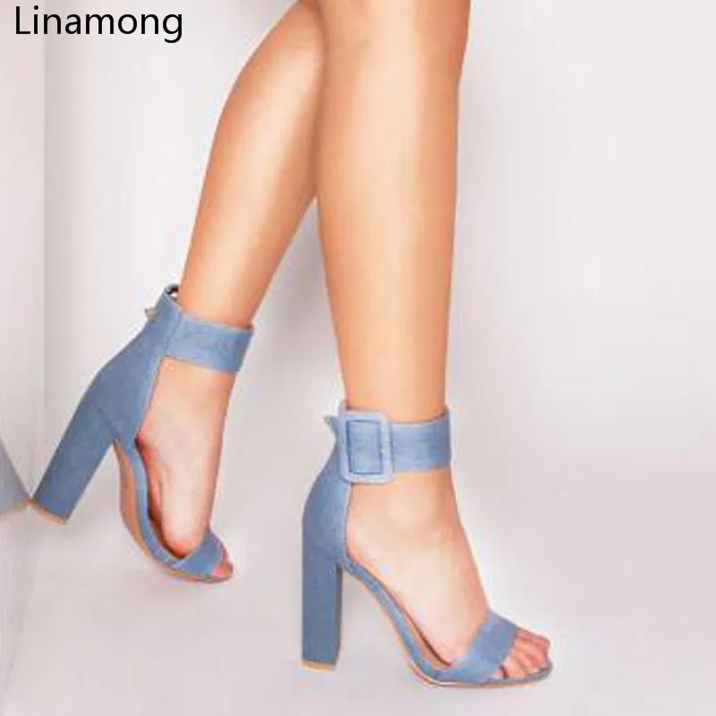 

Fashion Hot Sale Women Denim Ankle Strap Big Buckle Summer Sandals Sexy Open Toe Chunky Heels Female Dress Party Sandal Shoes