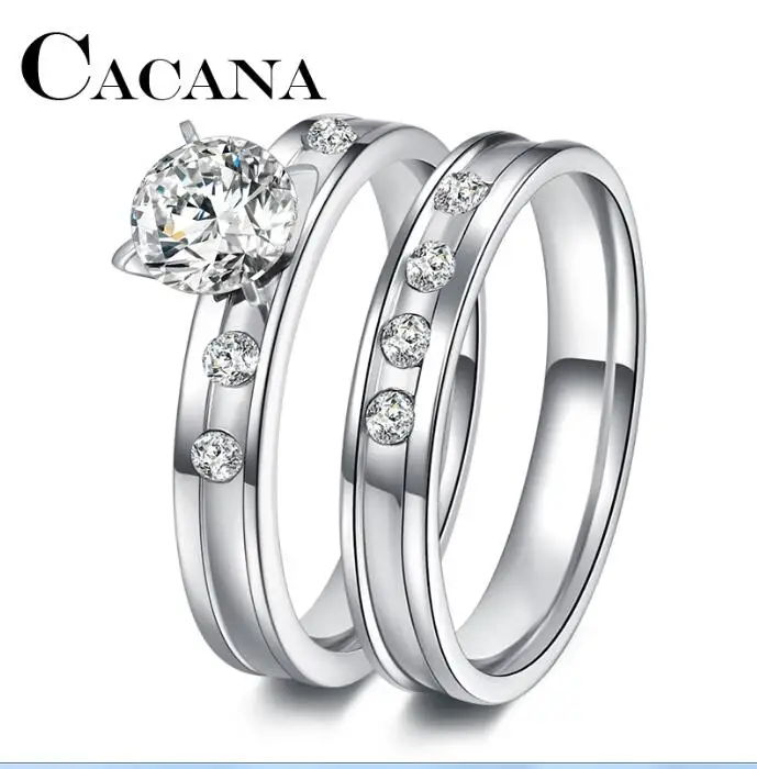 Серебристый Обручальное кольцо CACANA из нержавеющей стали для влюбленных, IP, серебряное, цвет, кристалл, CZ, пара колец, набор для мужчин и женщин, обручальные кольца - Цвет основного камня: Серебристый