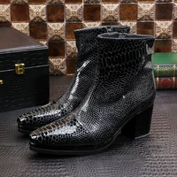 designer black snake skin genuine leather military boots pointed toe high heels cowboy boots dress wedding shoes man